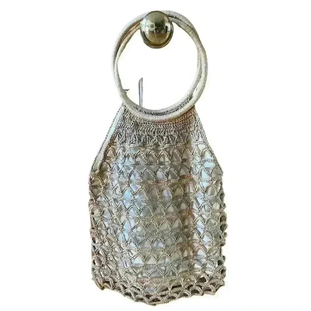 Vintage Macramรฉ Handbag Purse Tote Crochet Handmade Boho Fish Net Bag.